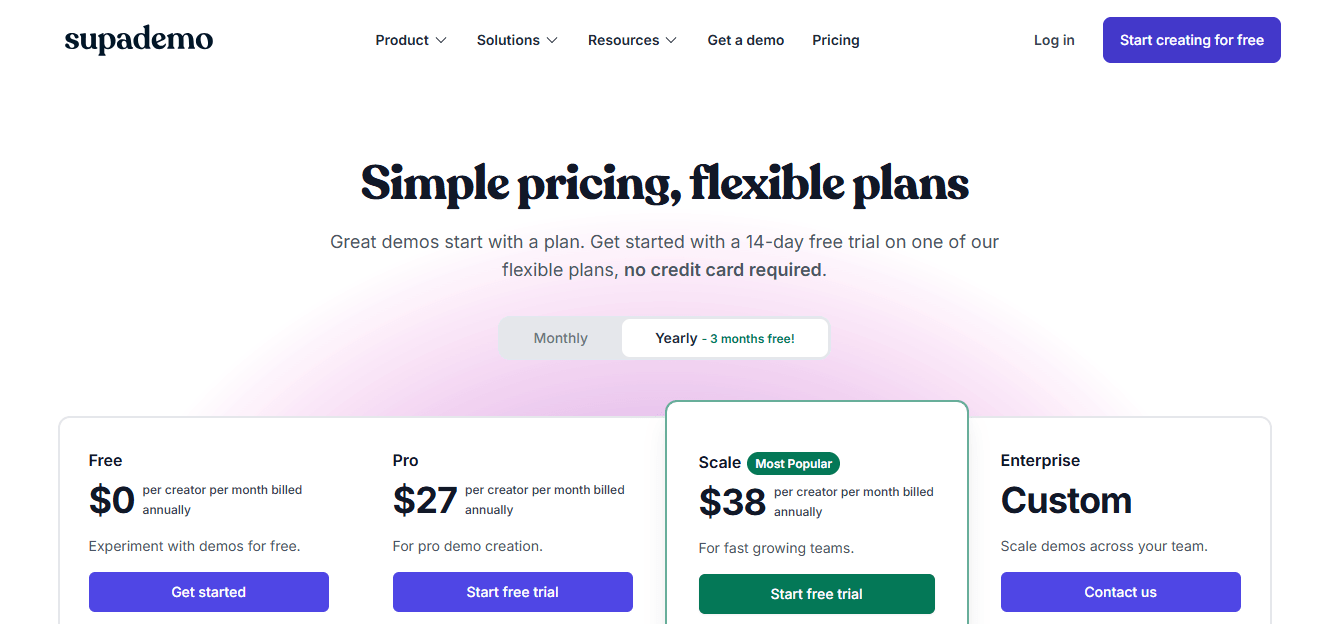 A screenshot of Supademo's pricing page displaying the 4 plans namely free, pro, scale, enterprise. 