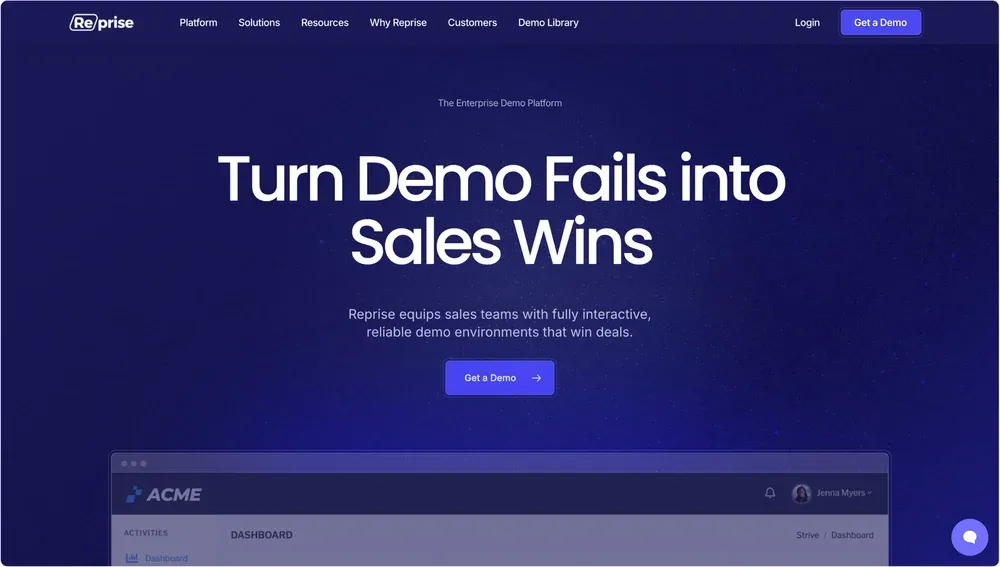 Reprise homepage with the tagline "Turn Demo Fails into Sales Wins," highlighting interactive and reliable demo environments.