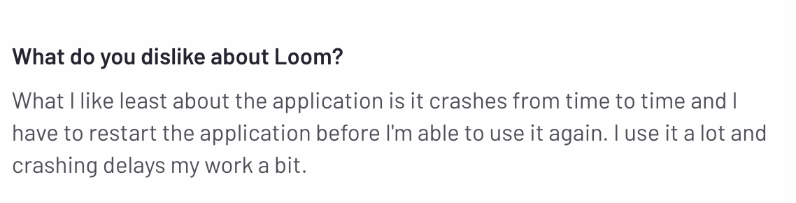 G2 review of Loom users about how the desktop app crashes frequently