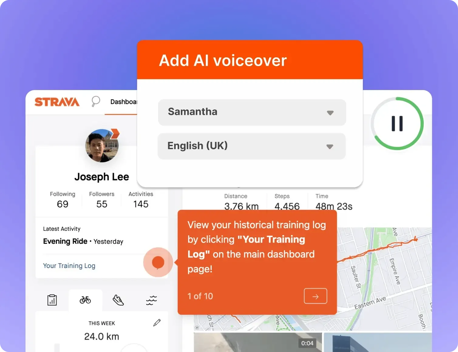 Supademo AI voiceover feature overlaying a Strava demo, showing language selection and interactive onboarding guidance.