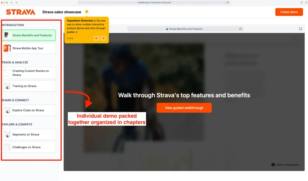 A screenshot of Strava sales showcase demo with interactive chapters, guided walkthroughs created through Supademo's showcase feature.