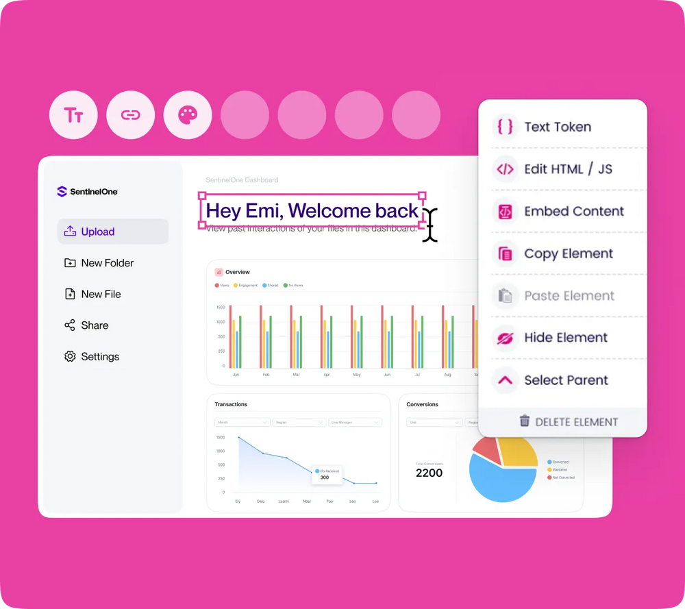 Storylane  interface showing text editing, UI customization, and embedding options for interactive, personalized product demos.