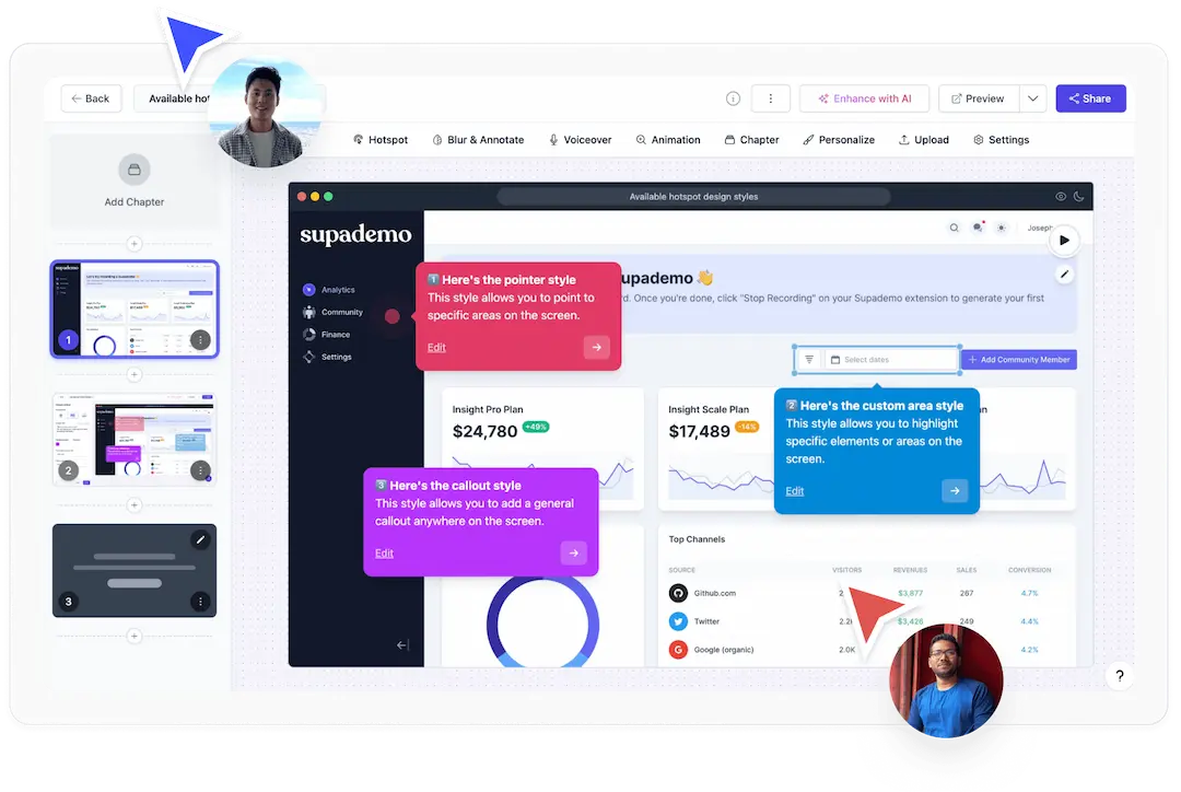 Supademo’s demo editor showcasing customizable pointer styles, callout tooltips, and hotspot annotations on a product dashboard.