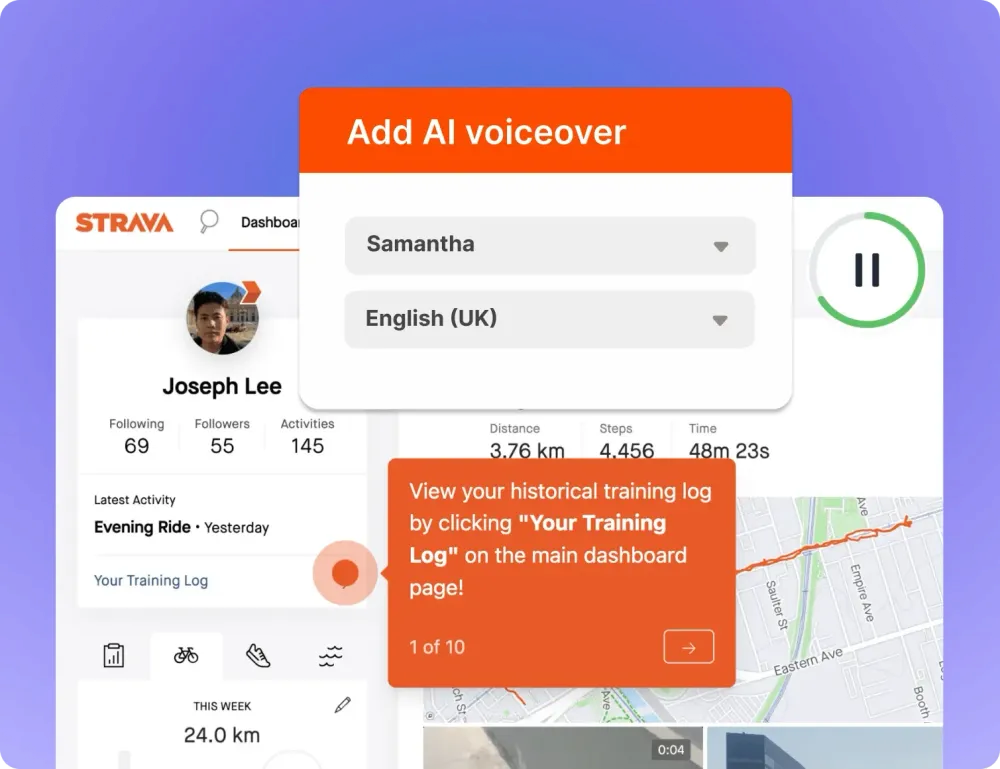 Supademo interface displaying an AI voiceover selection menu for different voices and languages, with an interactive guided step on Strava.