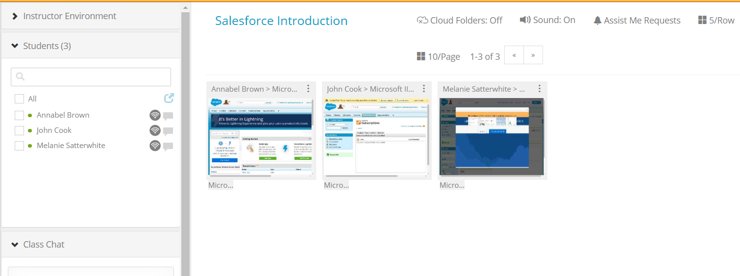 A Salesforce training dashboard showing an instructor view with 3 student names and their Microsoft course thumbnails in a grid layout.