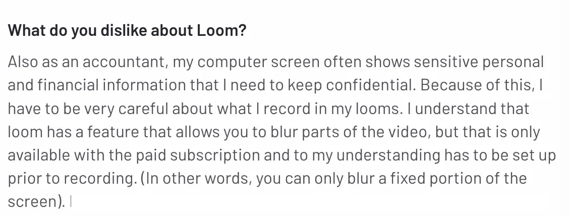 Screenshot shows a user disliking Loom forces you to re-record a video in case you capture sensitive information.