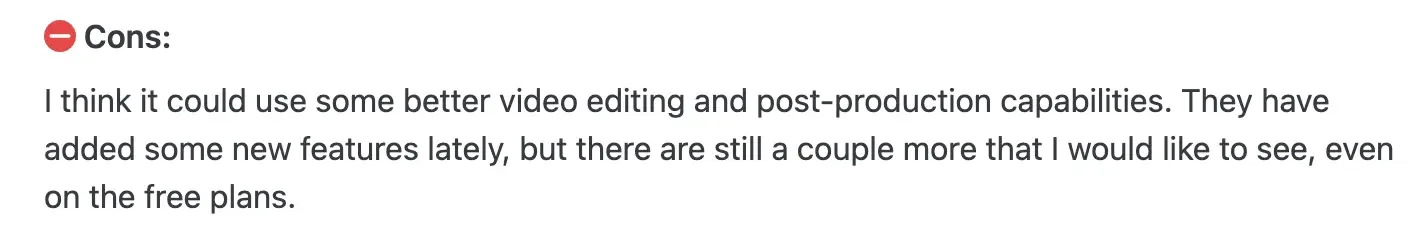Screenshot of a user review on Loom explaining that Loom could have better video editing features.