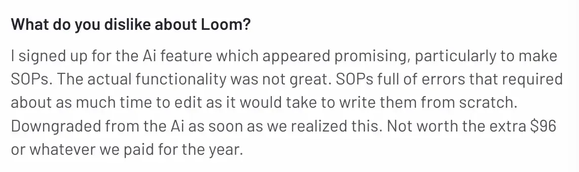 Screenshot shows a user stating that Loom's AI feature turned out to be disappointing.