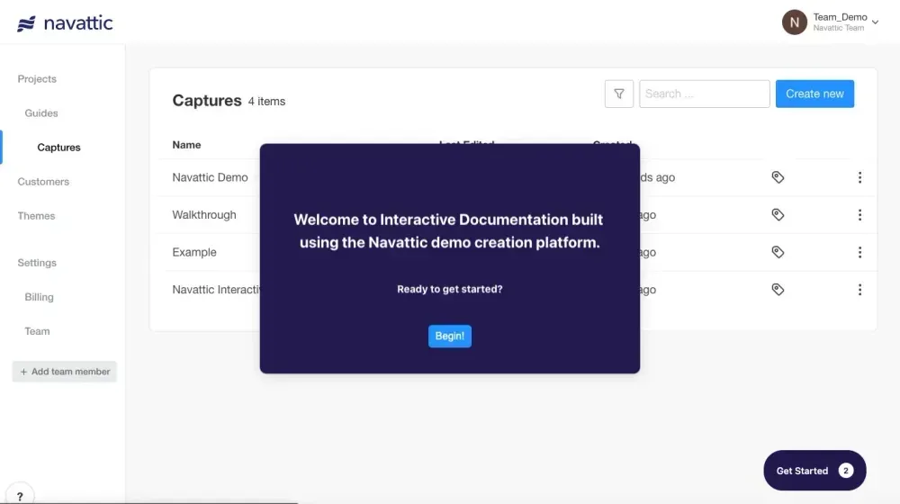 Screenshot of Navattic's platform with a pop-up saying "Welcome to Interactive Documentation" and a "Begin" button.