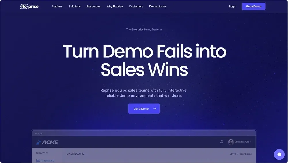  Screenshot of Reprise’s homepage with a dark blue background and bold white text that reads "Turn Demo Fails into Sales Wins."