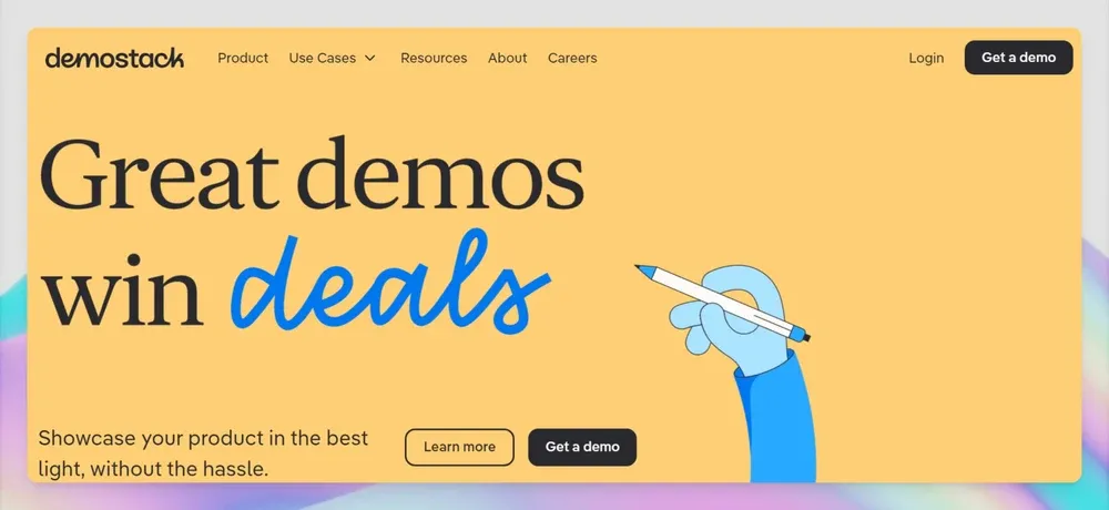 Demostack homepage with the tagline "Great demos win deals," featuring options to learn more or request a product demo.