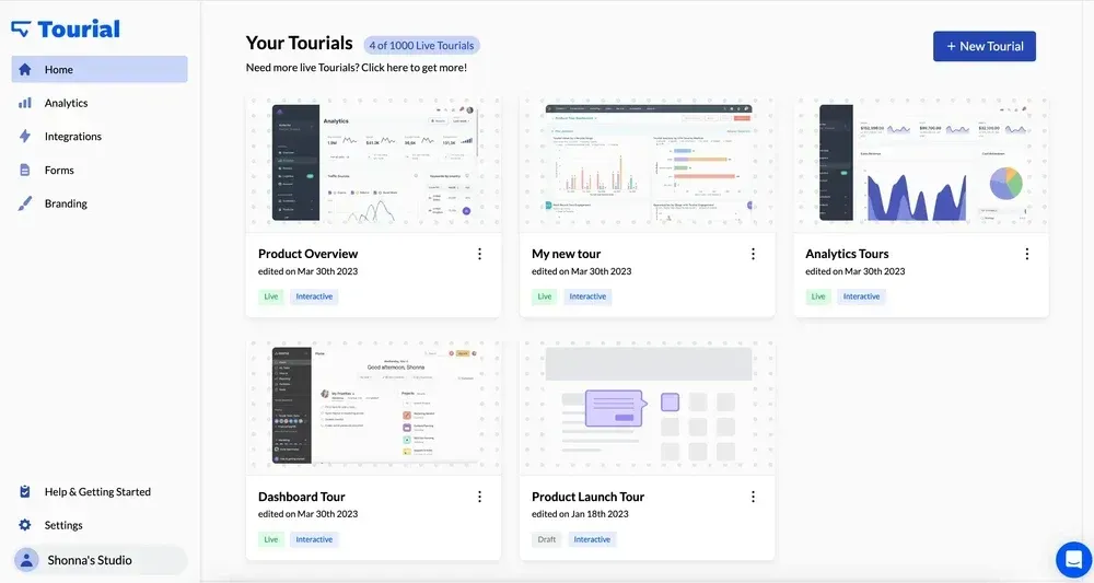 Screenshot of Tourial's dashboard displaying multiple live and interactive product tours with analytics and branding options.