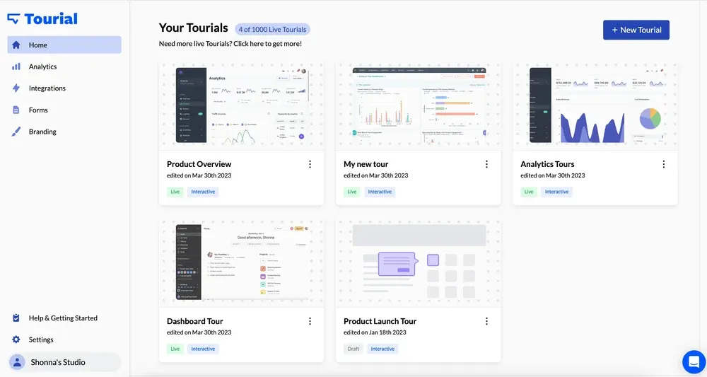 Tourial dashboard displaying multiple live and interactive product tours with options for analytics, integrations, and branding.