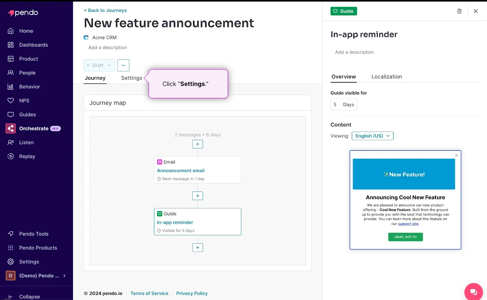 Pendo dashboard displaying a feature announcement journey with email and in-app guide.