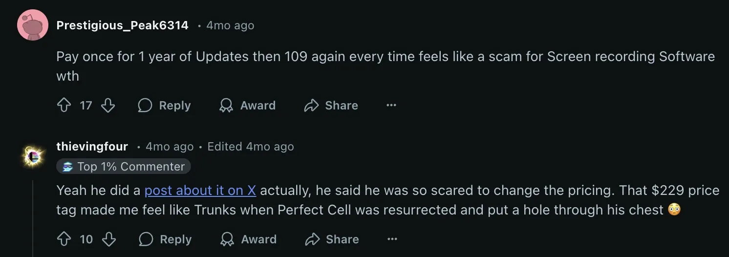 Screenshot of a Reddit thread showing users dissatisfaction with Screen Studio's pricing increase.