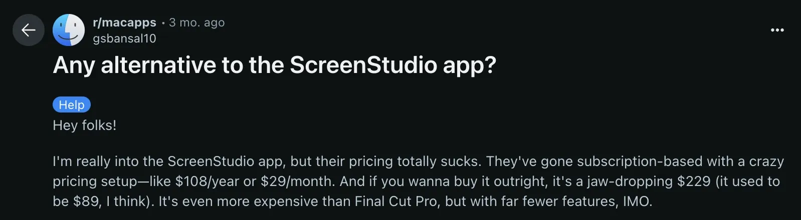 A screenshot of a Screen Studio asking for alternatives because "their pricing totally sucks".