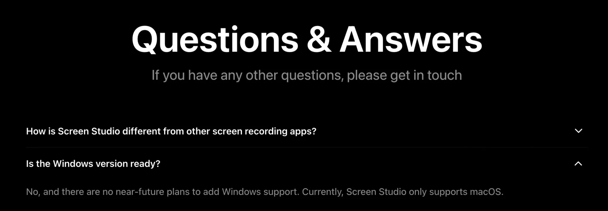 Screenshot of Screen Studio's website stating that there are no plans for a Windows version.