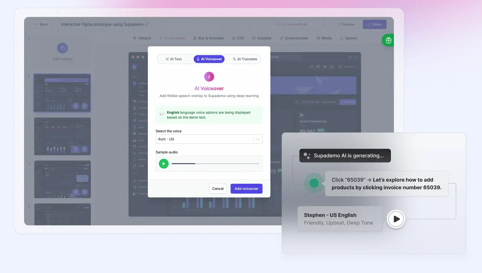 Screenshot of Supademo's AI voiceover feature.