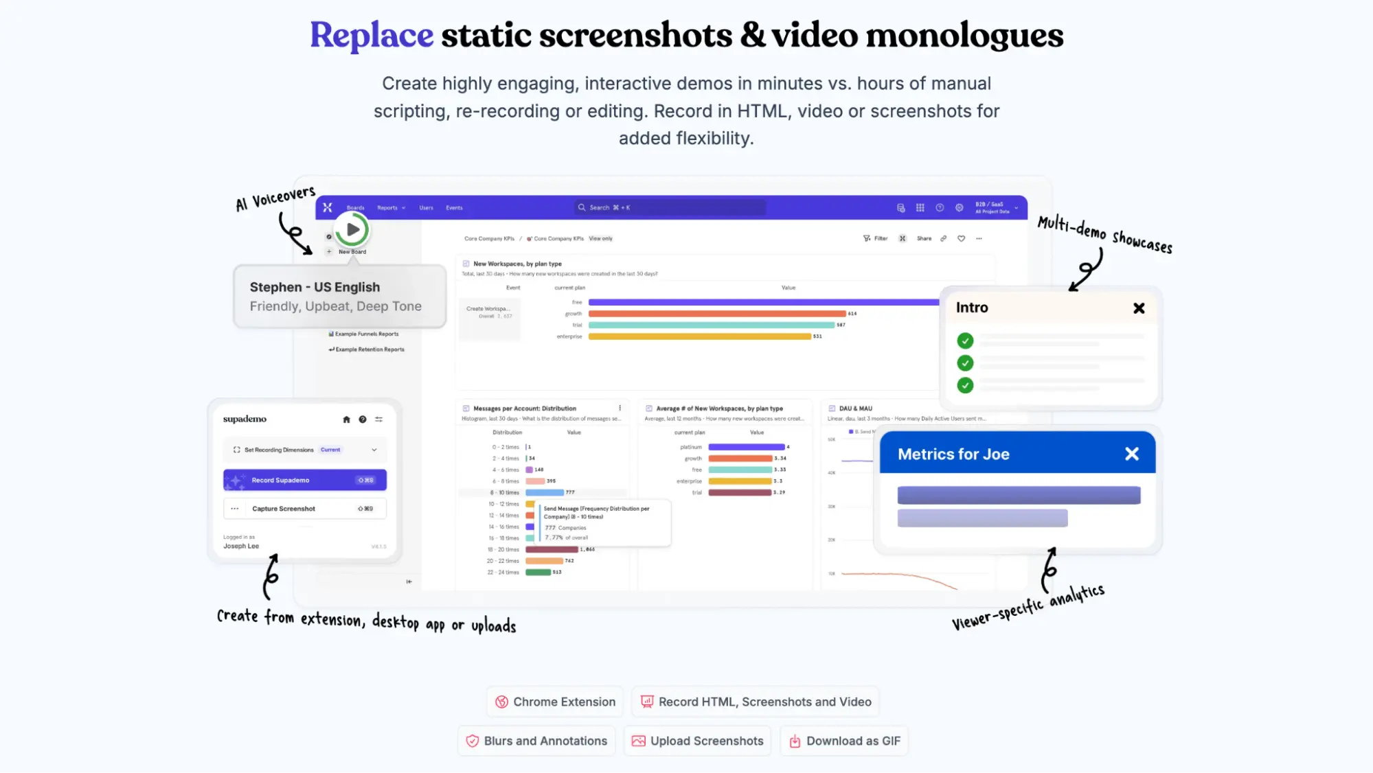 Screenshot of Supademo's website section on replacing static screenshots & video monologues.