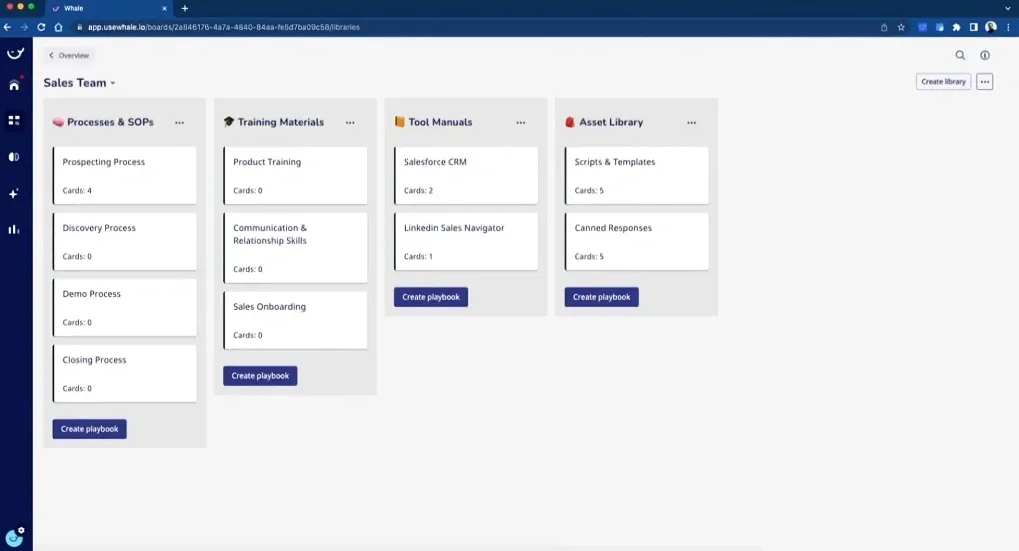 Whale dashboard displaying categorized playbooks for processes, training materials, tool manuals, and asset libraries.