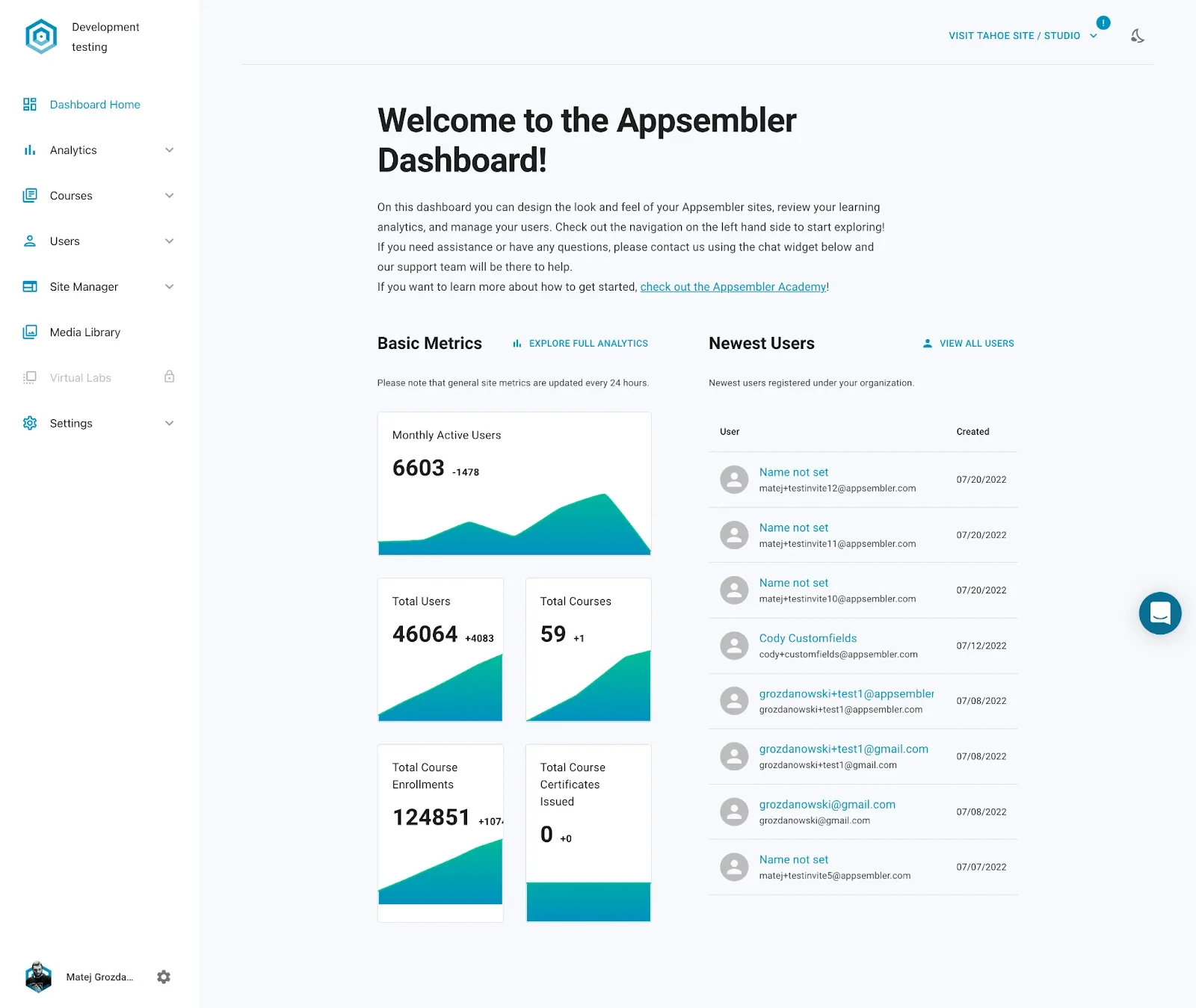 Screeshot of Appsembler's dashboard showing basic metrics and new users list