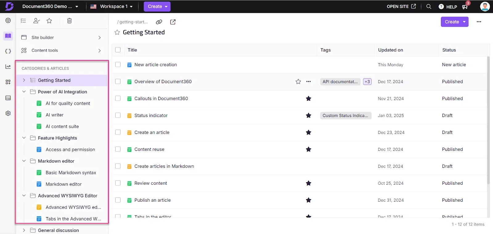 Document360 interface displaying content categories including AI Integration, Feature Highlights, and Markdown editor options