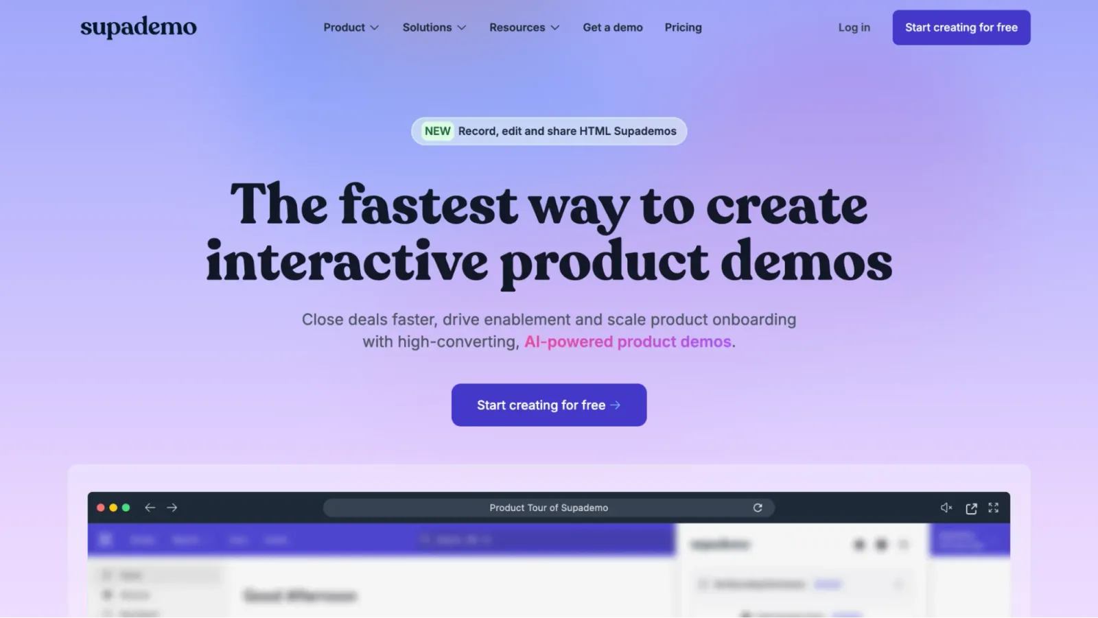 Screenshot of the Supademo website showing the tagline that Supademo is the fastest way for anyone to create interactive product demos.