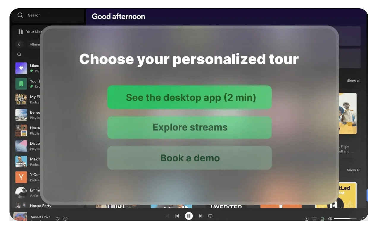 Supademo onboarding tour pop-up with options to explore the desktop app, video streams, or book a demo for a guided walkthrough.