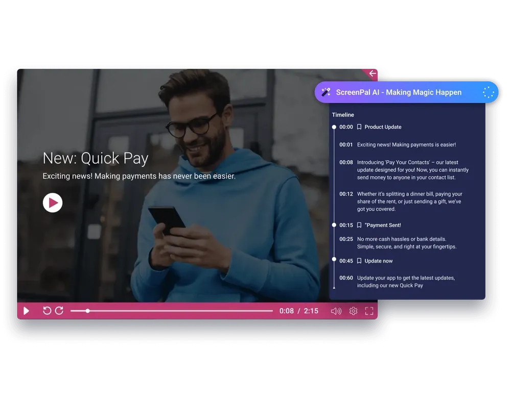 ScreenPal AI interface showcasing an interactive video with a Quick Pay update, a timeline breakdown, and a play button overlay.