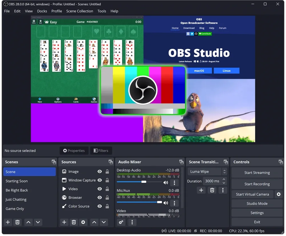 OBS Studio interface displaying multiple video sources, an audio mixer, and streaming controls for professional live broadcasting and recording.