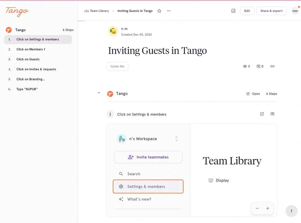 A step-by-step interactive guide in Tango, displaying instructions for inviting guests to a workspace.