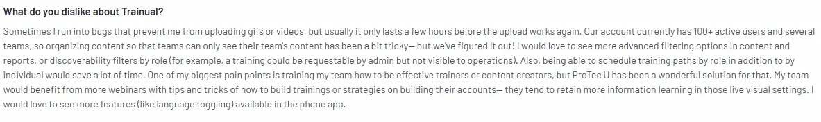 G2 review mentioning bugs that prevent GIF and video uploads, along with challenges in organizing content and training teams effectively.