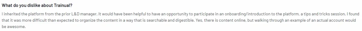 G2 review highlighting the difficulty in onboarding to Trainual, stating the need for an introductory session or walkthrough for new users.