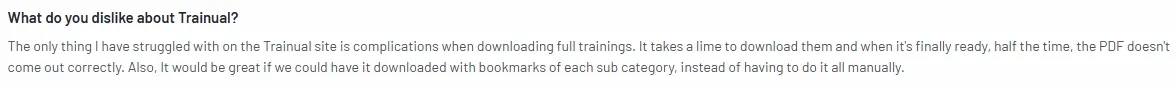 G2 review detailing difficulties in downloading full training PDFs, with errors and a lack of bookmarks for easy navigation.