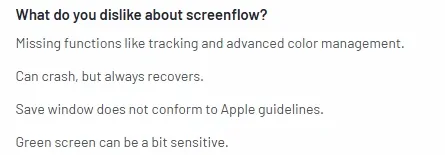 G2 user review mentioning missing features in ScreenFlow like tracking, advanced color management, and sensitivity of the green screen.