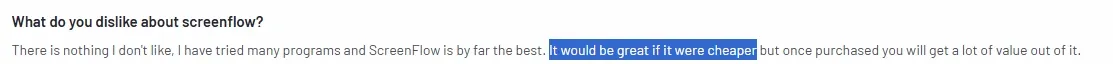 Reviewer praises ScreenFlow but wishes it were more affordable, stating that it still offers great value after purchase.