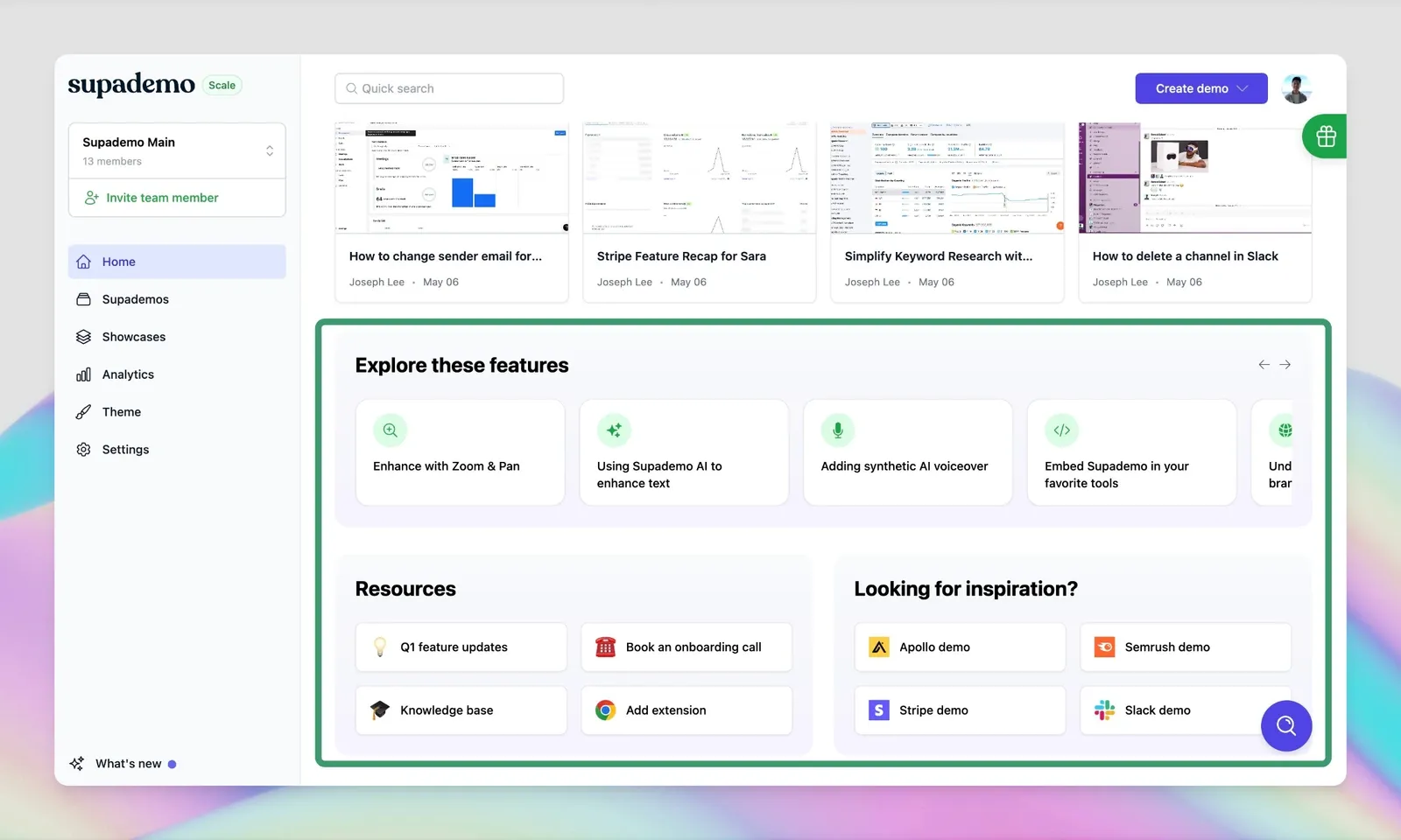 Supademo dashboard showing navigation menu, tutorial thumbnails by Joseph Lee, feature exploration section with AI capabilities, and resources for demo creation.