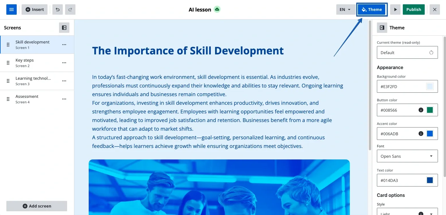 Course creation interface showing a skill development lesson editor with theme customization panel open, displaying color options for background, buttons, accent, and text with a blue color scheme.