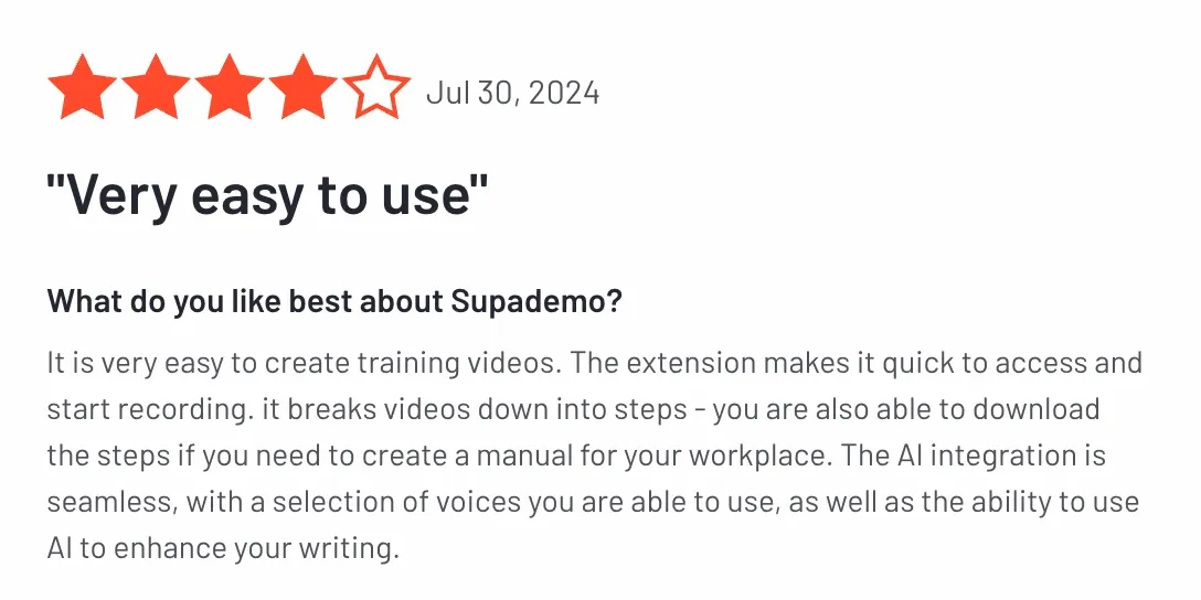 Four-star review dated July 30, 2024 with title "Very easy to use" praising Supademo's training video creation, step breakdown features, and AI integration for voice and writing.