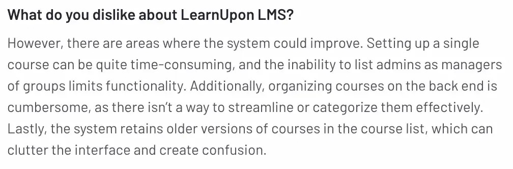 Text excerpt describing drawbacks of LearnUpon LMS including time-consuming course setup and organizational limitations.