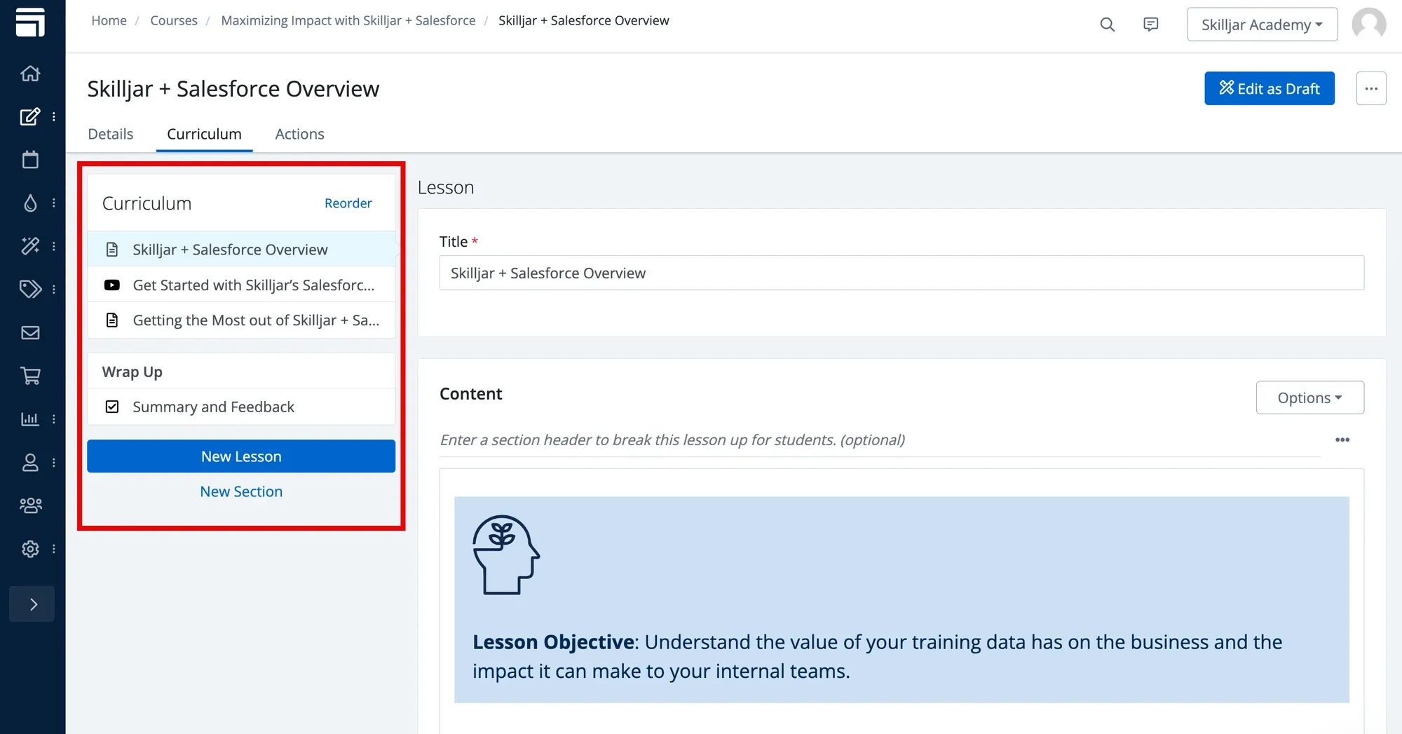 Course management interface showing curriculum tab with lesson structure, content editing panel, and lesson objective about understanding training data impact on business teams.