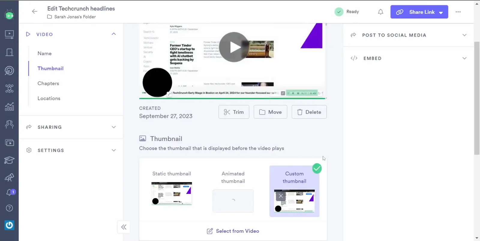 Screenshot of Vidyard's user interface displaying its AI-powered video platform with features for creating personalized videos, managing video content, and connecting with prospects.