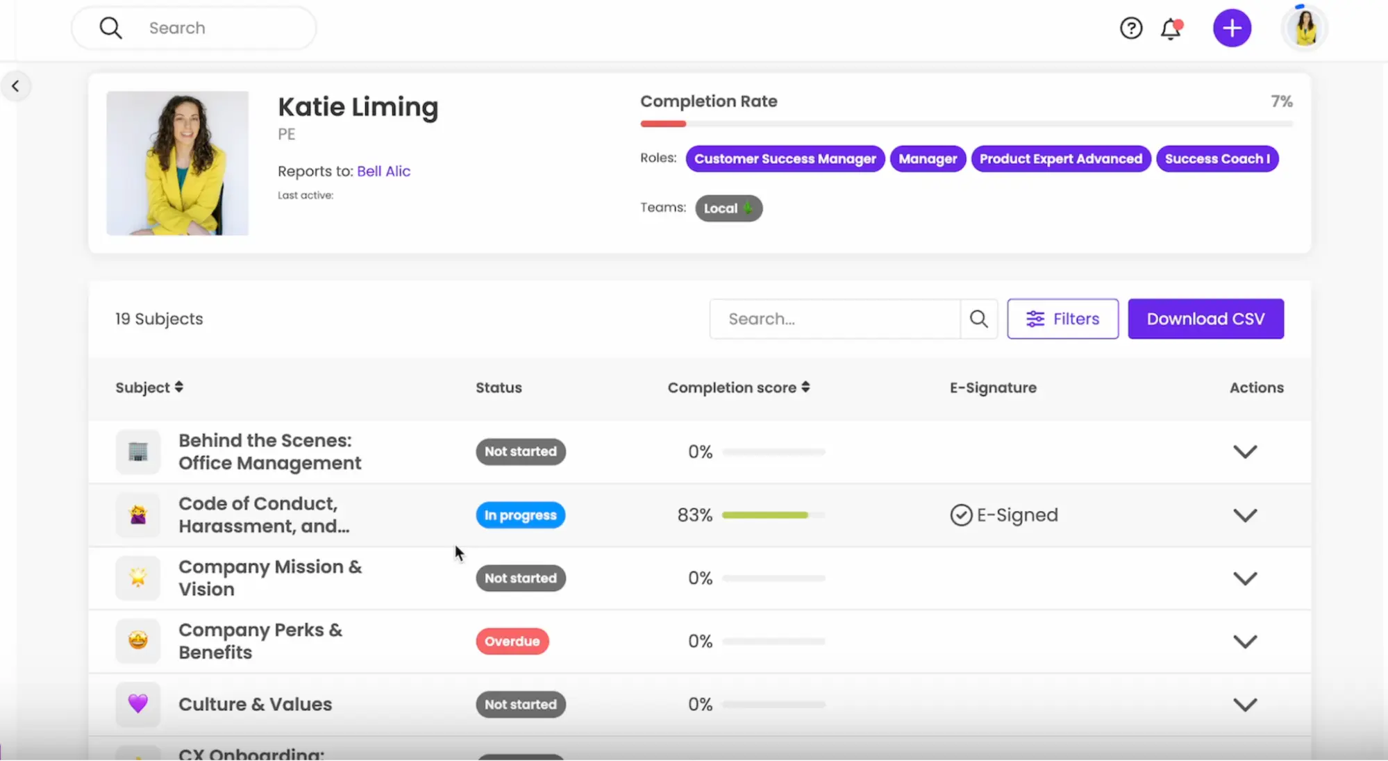 Employee learning profile on Trainual showing 7% completion rate, multiple role assignments, and status of assigned training courses.