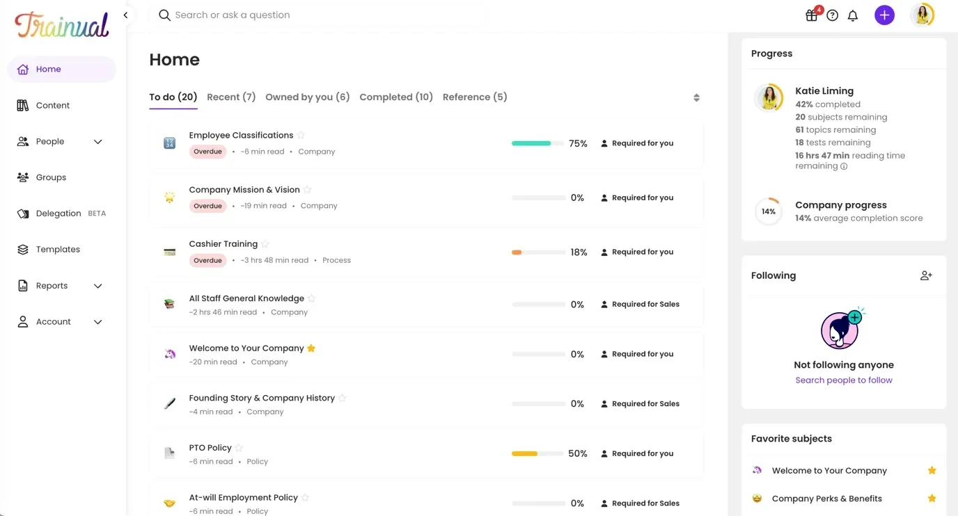 Trainual home dashboard showing employee training assignments with completion percentages, overdue tasks, and right panel displaying individual progress metrics for Katie Liming at 42% completion.