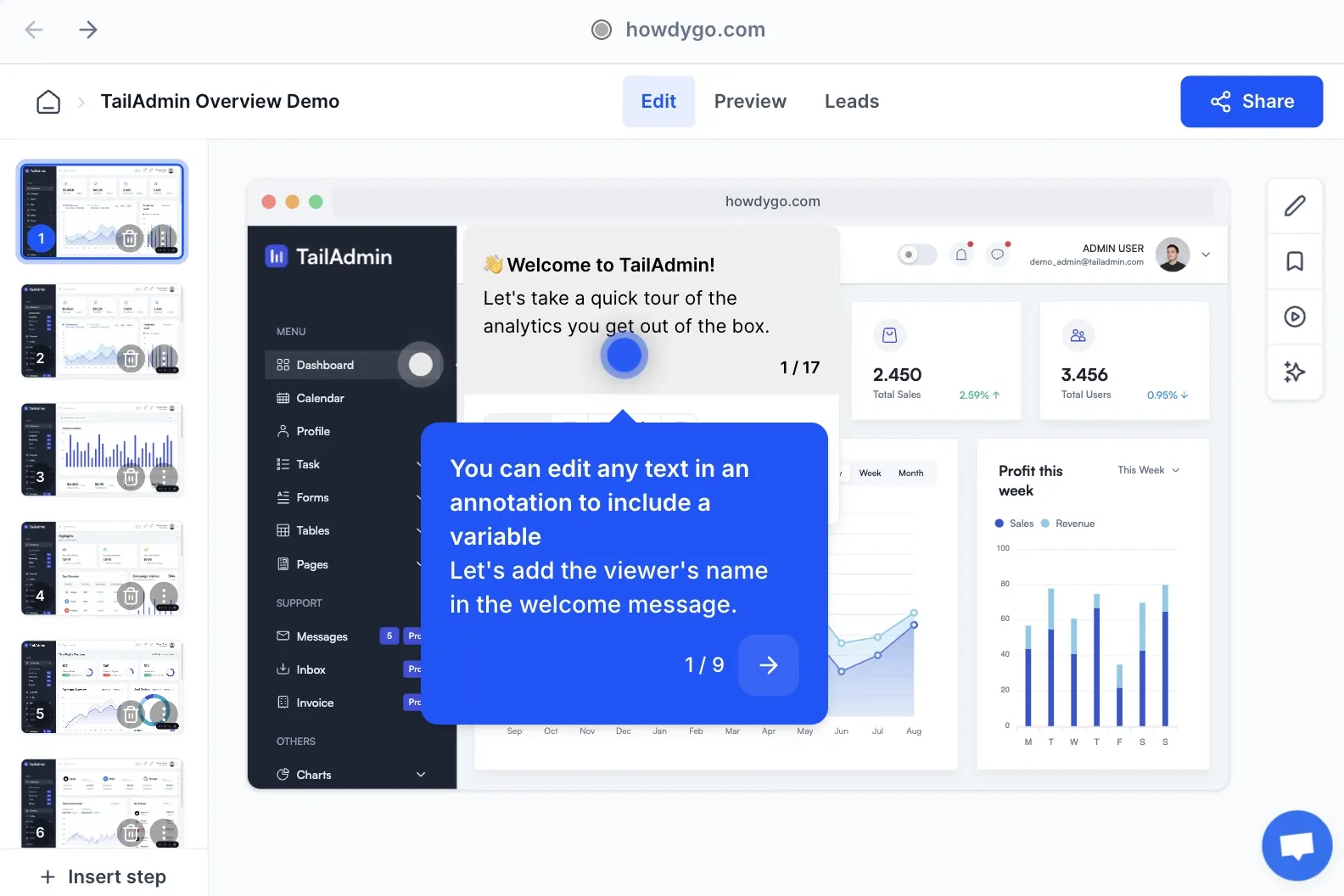TailAdmin dashboard demo built using HowdyGo showing sales metrics, user stats, and profit graphs with a popup explaining text customization featuresTailAdmin dashboard demo built using HowdyGo showing sales metrics, user stats, and profit graphs with a popup explaining text customization features