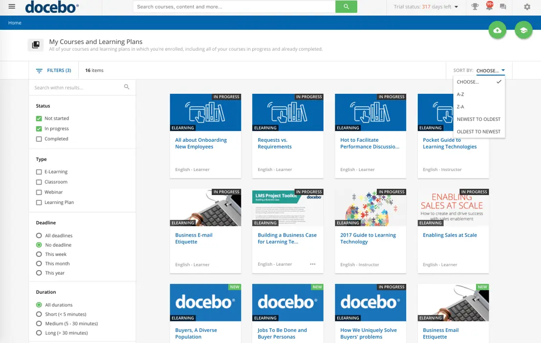 Docebo LMS interface showing filtered course catalog with e-learning modules in progress, including onboarding and business skills courses.