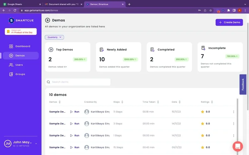 SmartCue's demo management dashboard displaying statistics on top demos, newly added, completed, and incomplete demos