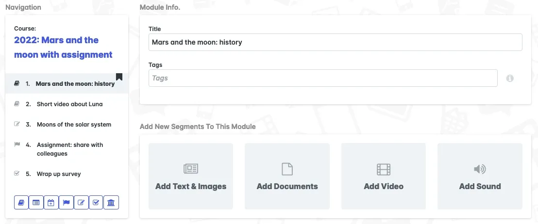 Course creation interface showing navigation panel with lesson structure on the left and module editor on the right with options to add text, documents, video, and sound content.