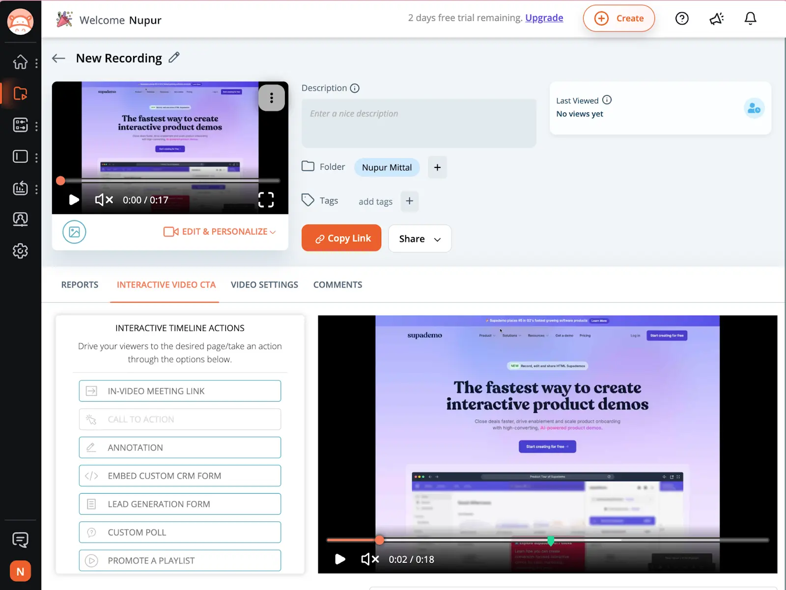 Screenshot of Hippo Video's platform showcasing its AI-powered video generation capabilities including text-to-video, screen recording, and personalization features with AI avatars for sales teams.