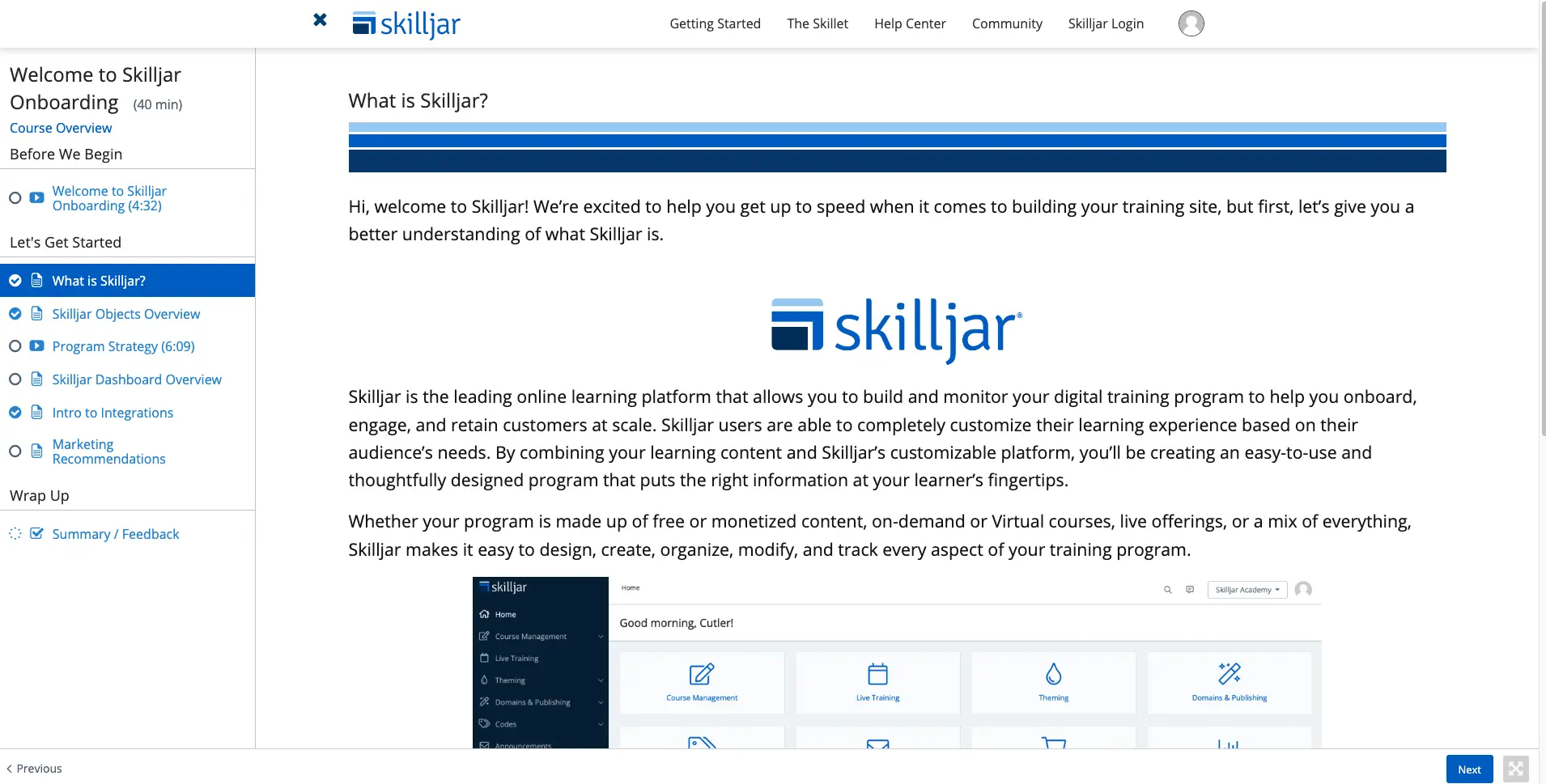 Skilljar LMS onboarding screen explaining the platform's purpose for building digital training programs with course navigation sidebar.